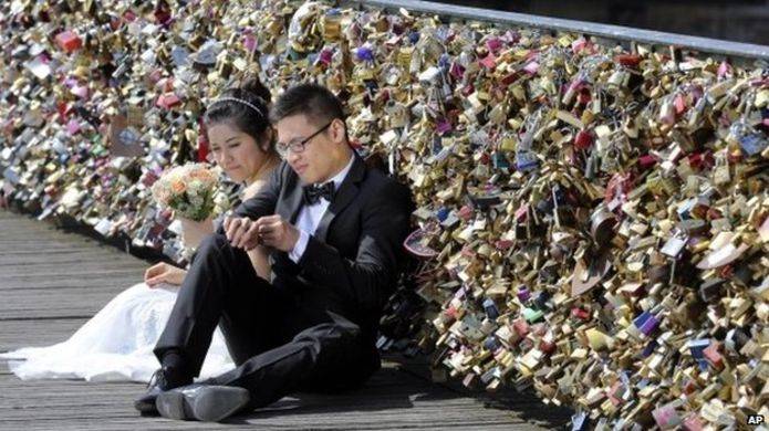bridge showing love locks